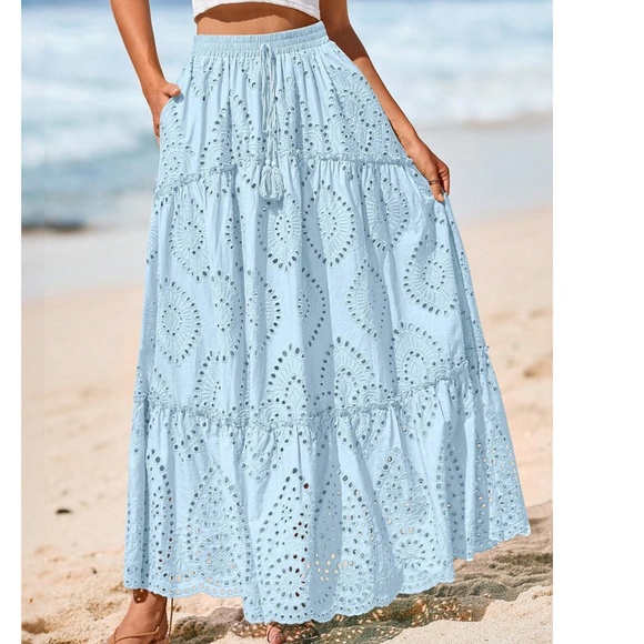 Boho Eyelet Lace stretchy waist Flowy Maxi Skirt - Picture 7 of 15